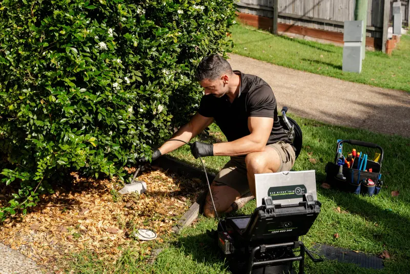Plumber feeding a CCTV camera cable into an outdoor drain access point